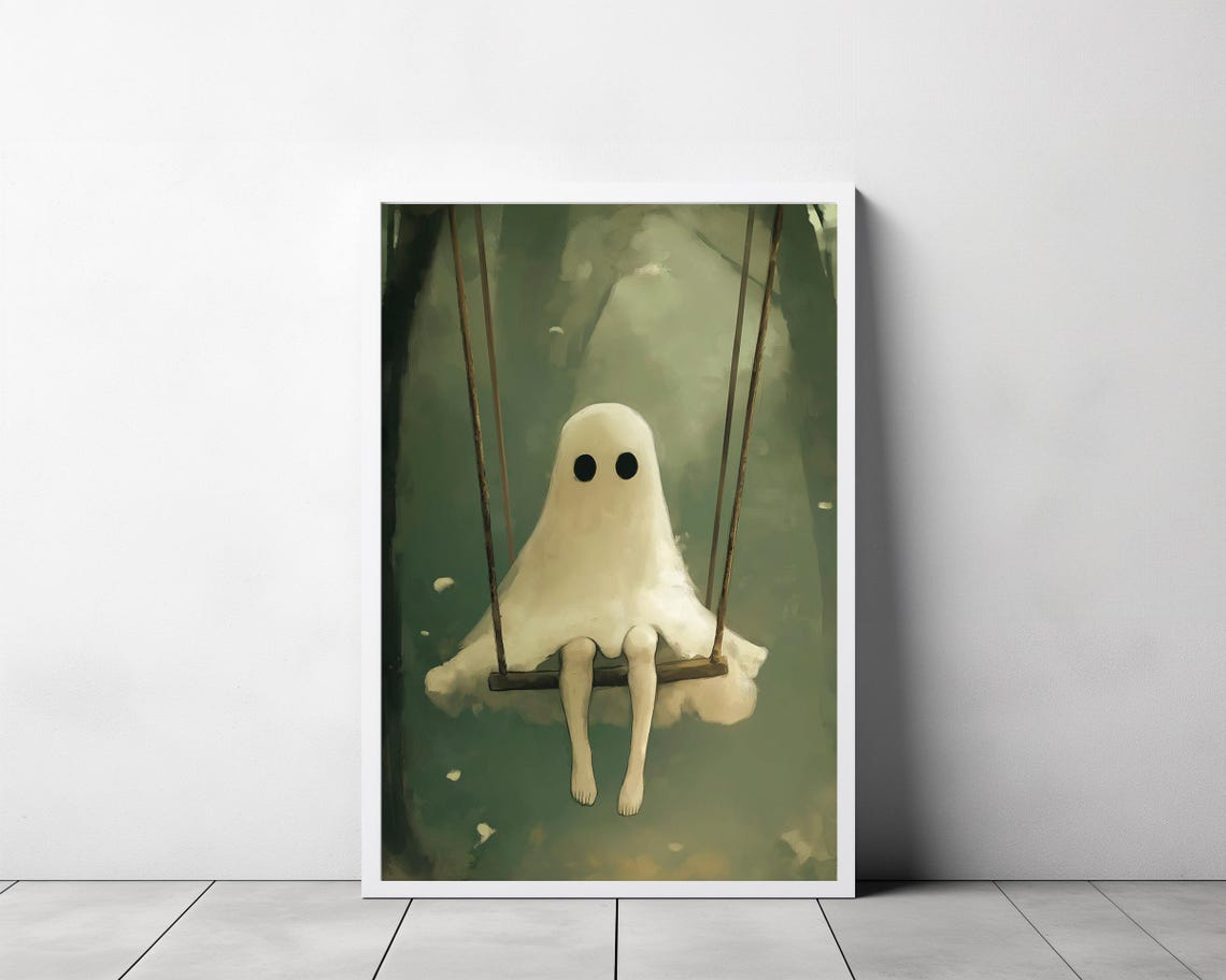 Cute Sheet Ghost Sitting on a Swing in Misty Green Forest Poster - Image 3