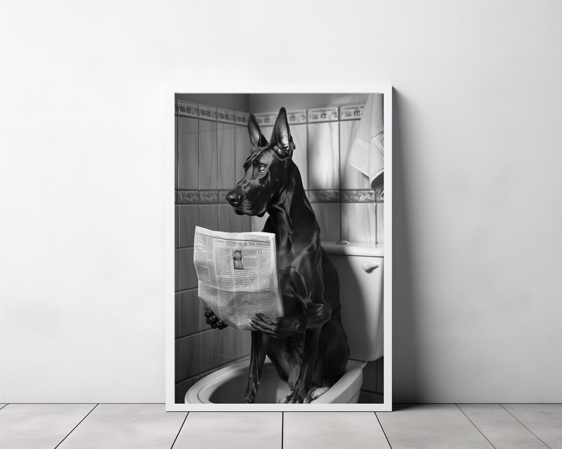 Great Dane Reading Newspaper on Toilet Funny Bathroom Photo Poster - Image 3