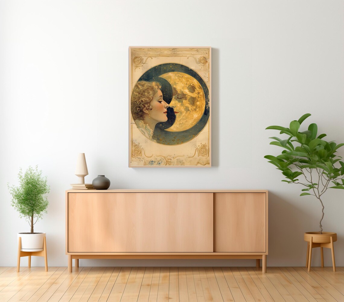 Woman Kissing the Golden Moon Vintage Celestial Art Nouveau Poster - Image 2