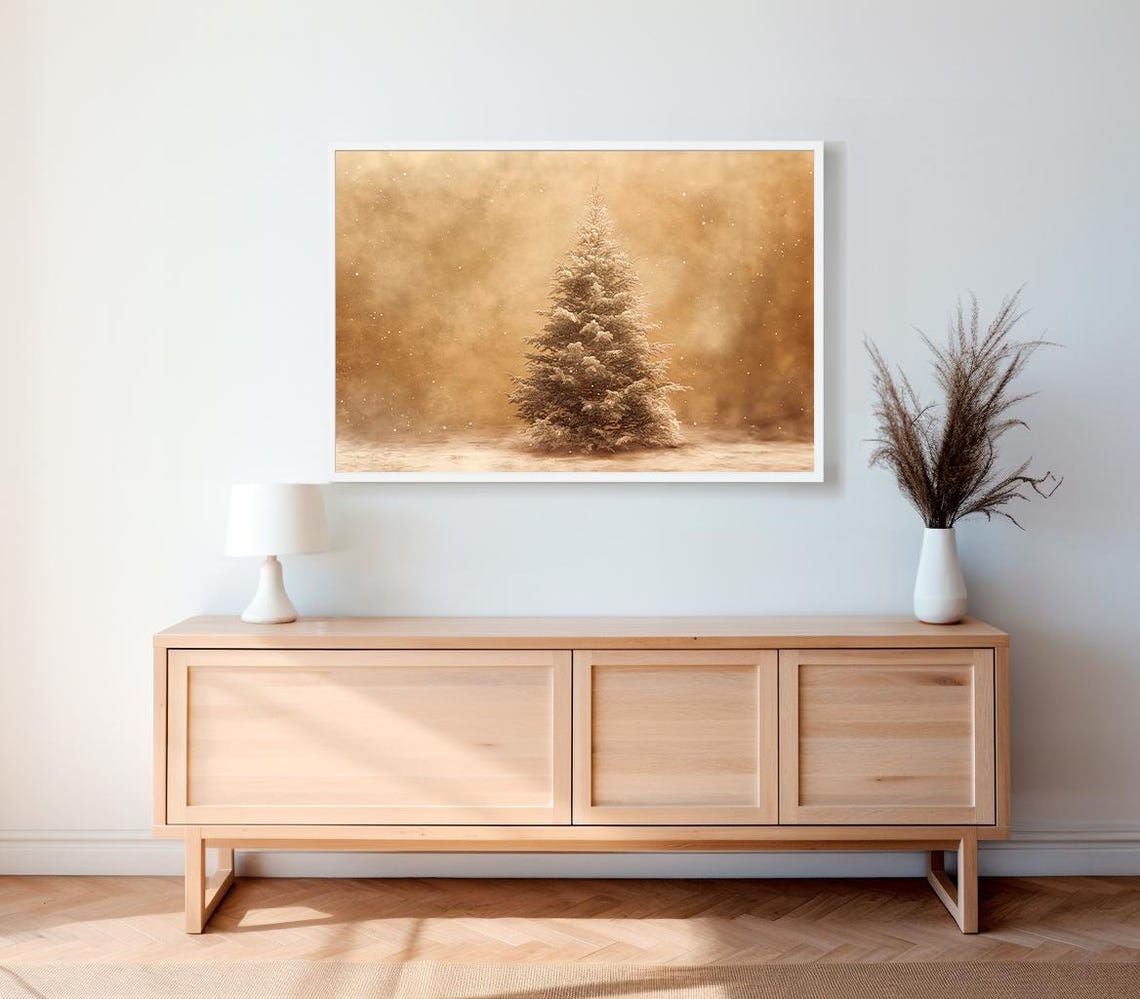 Snowy Pine Tree Under Copper Golden Sky Winter Landscape Poster - Image 2