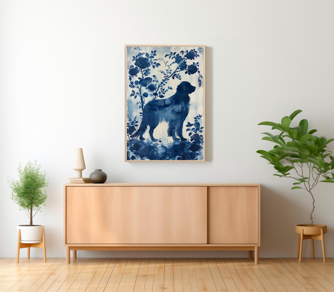Cobalt Blue Dog with Roses Porcelain Floral Dog Portrait Art Print - Image 2