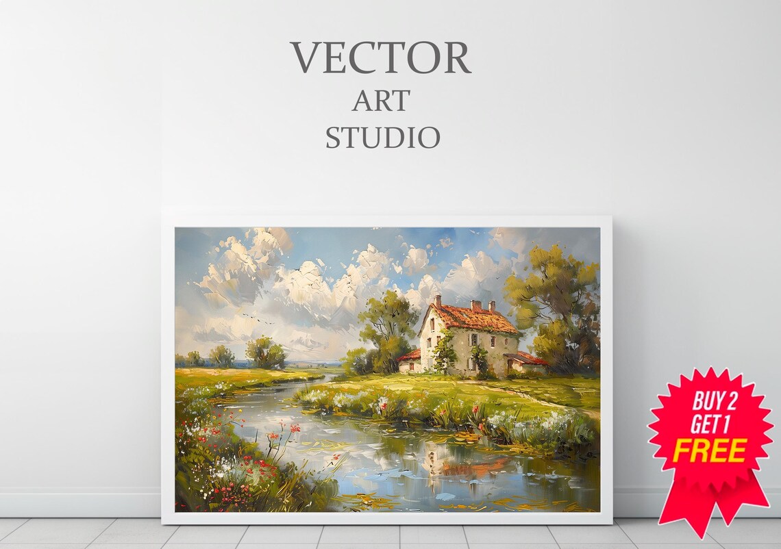 Countryside House With Red Roof By The River Oil Painting Poster - Image 3