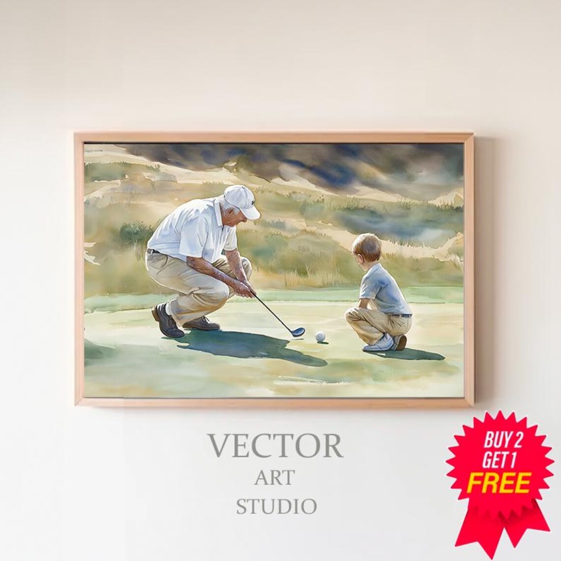 Grandfather and Grandson Putting on a Sunny Green Golf Course Poster