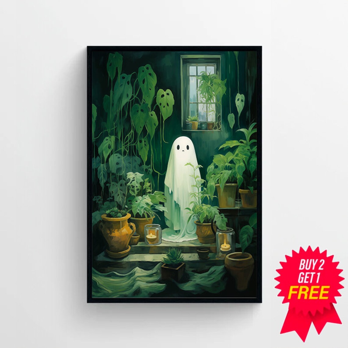Ghost Standing Among Potted Plants With Lit Candles Halloween Poster - Image 4