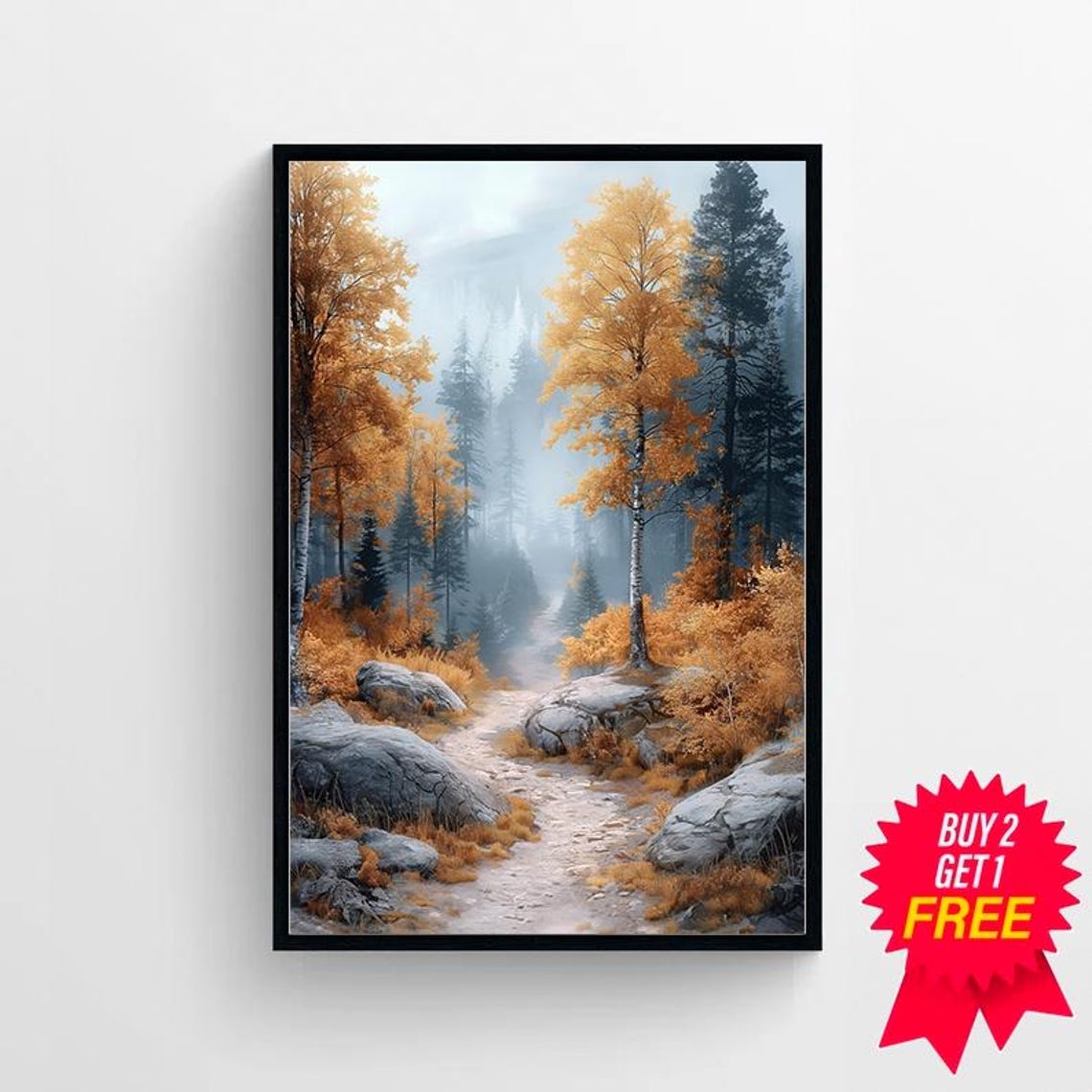 Golden Misty Autumn Birch Forest with Rocky Path Fall Poster - Image 4