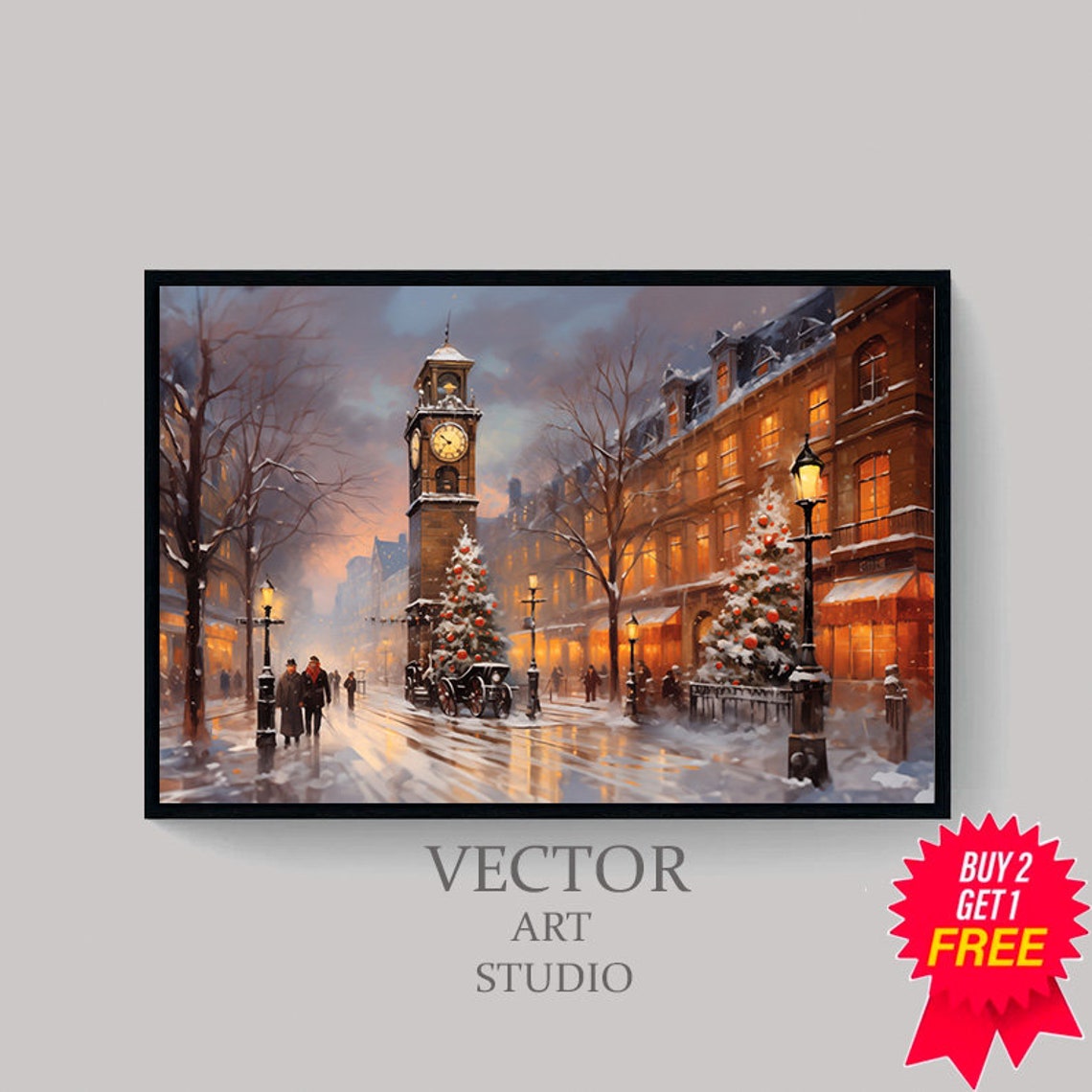 Snowy Vintage Christmas Clock Tower Scene on a Town Street Poster - Image 4