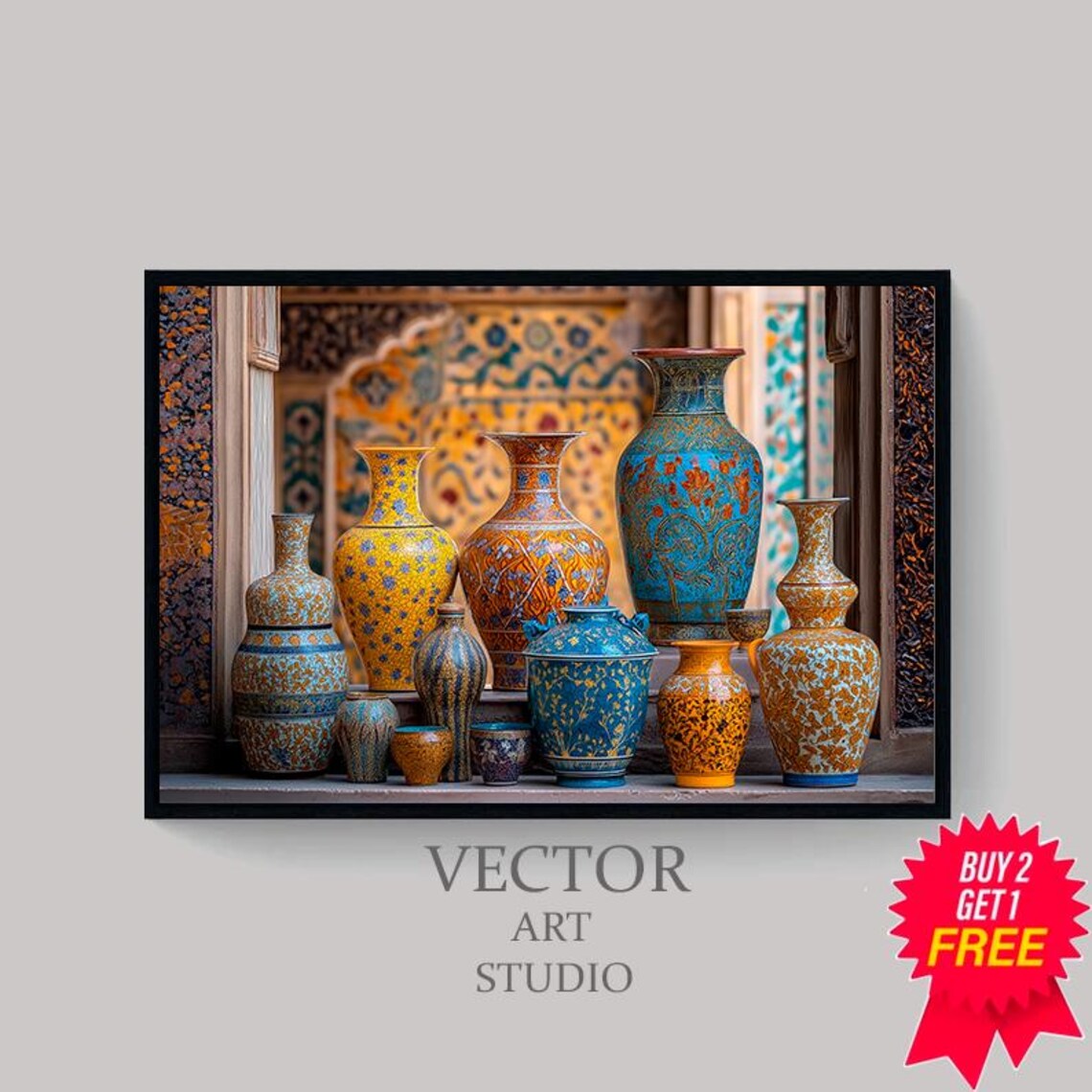 Moroccan Mosaic Vase Collection Blue Gold Still Life Art Poster - Image 4