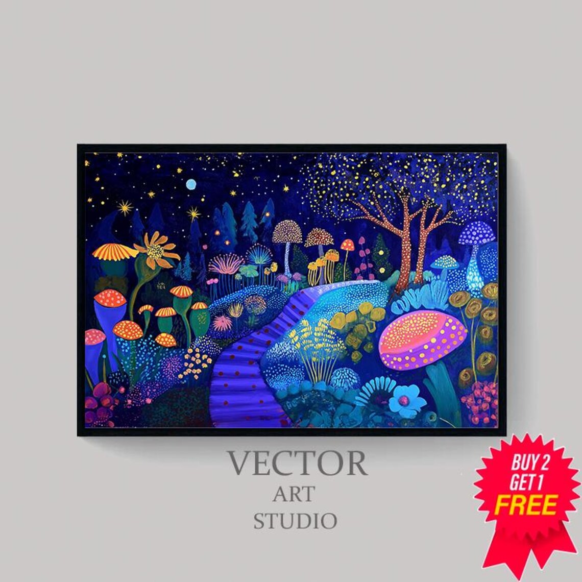 Magical Dotted Night Garden With Glowing Mushrooms Fantasy Poster - Image 4