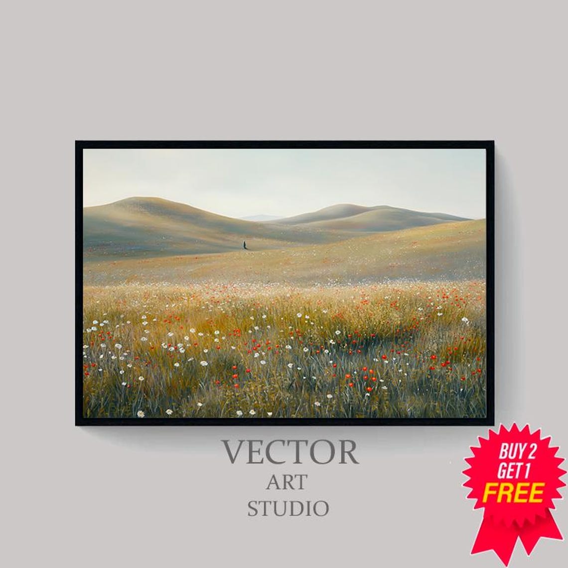 Misty Wildflower Meadow with Soft Rolling Hills Minimalist Poster - Image 4