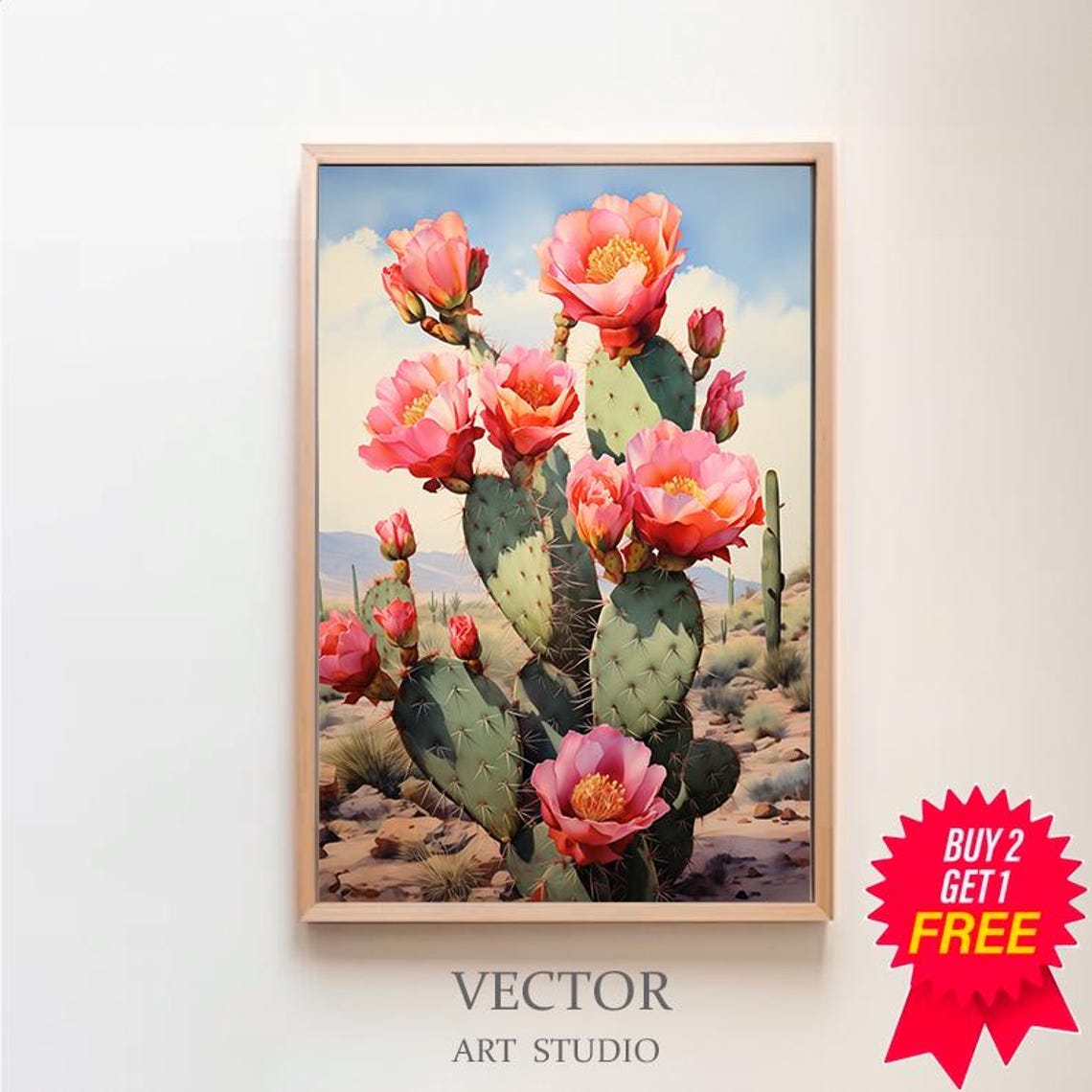 Tall Prickly Pear Cactus with Salmon Blossoms Blue Sky Poster