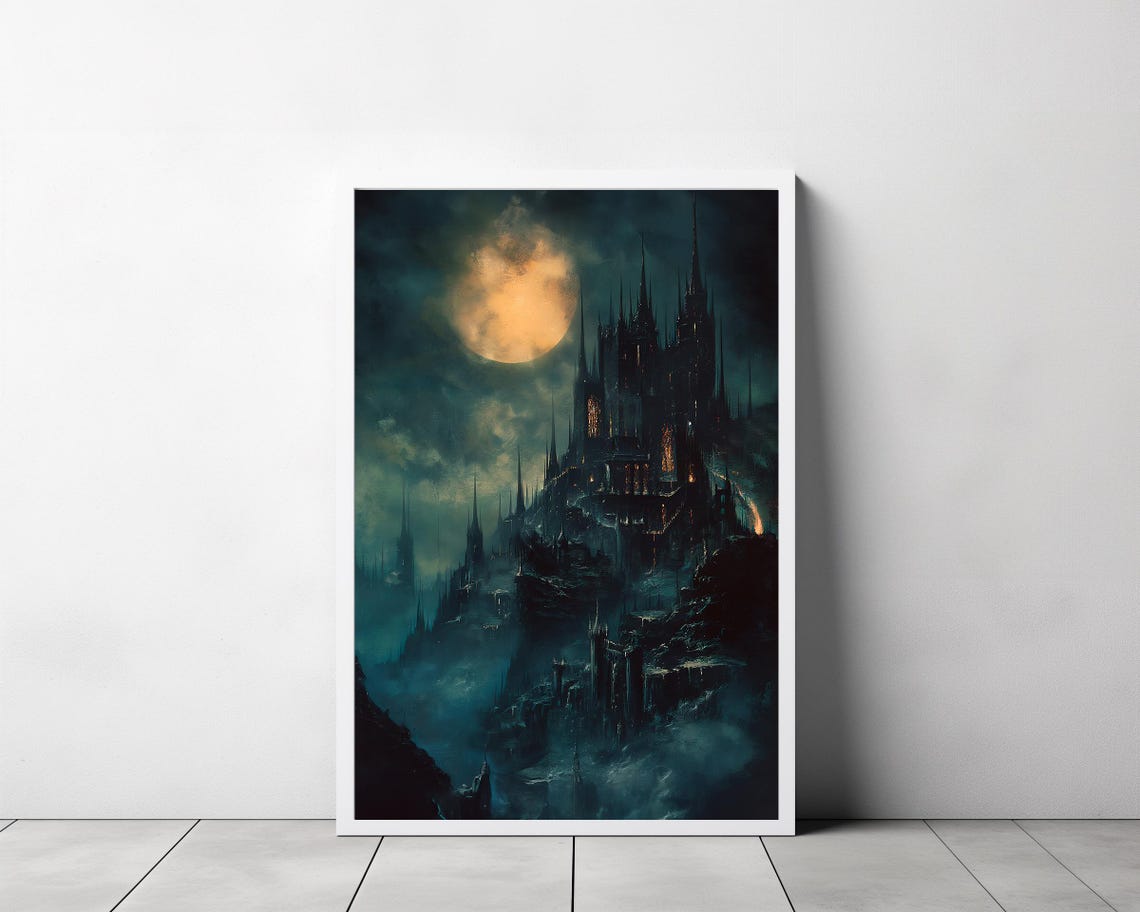 Draculas Castle Under Full Moon Teal Night Gothic Vampire Art Poster - Image 3