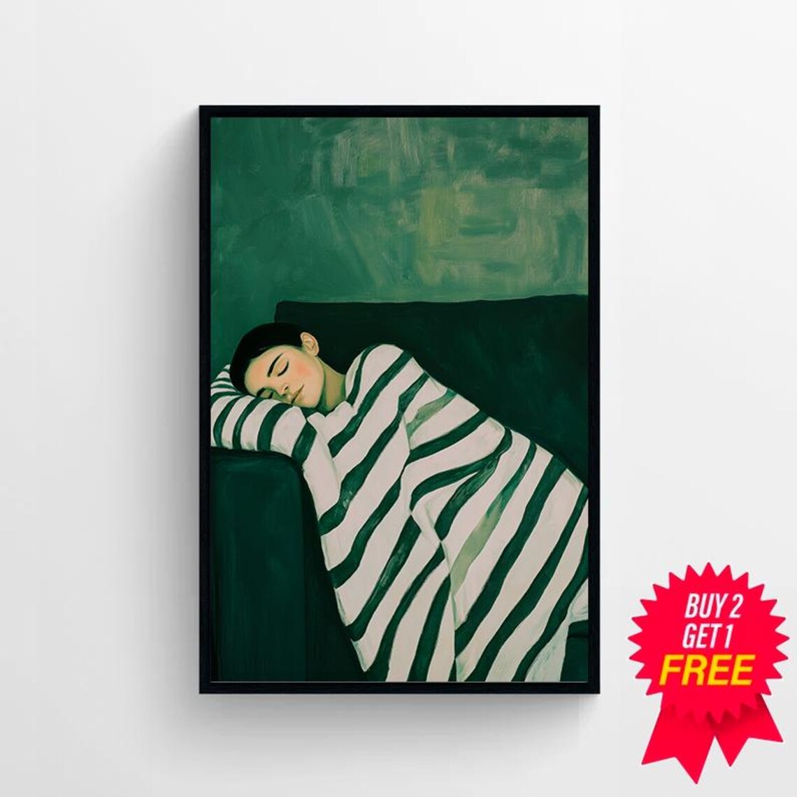 Sleeping Woman Green Couch Cozy Stripes Contemporary Art Poster - Image 4