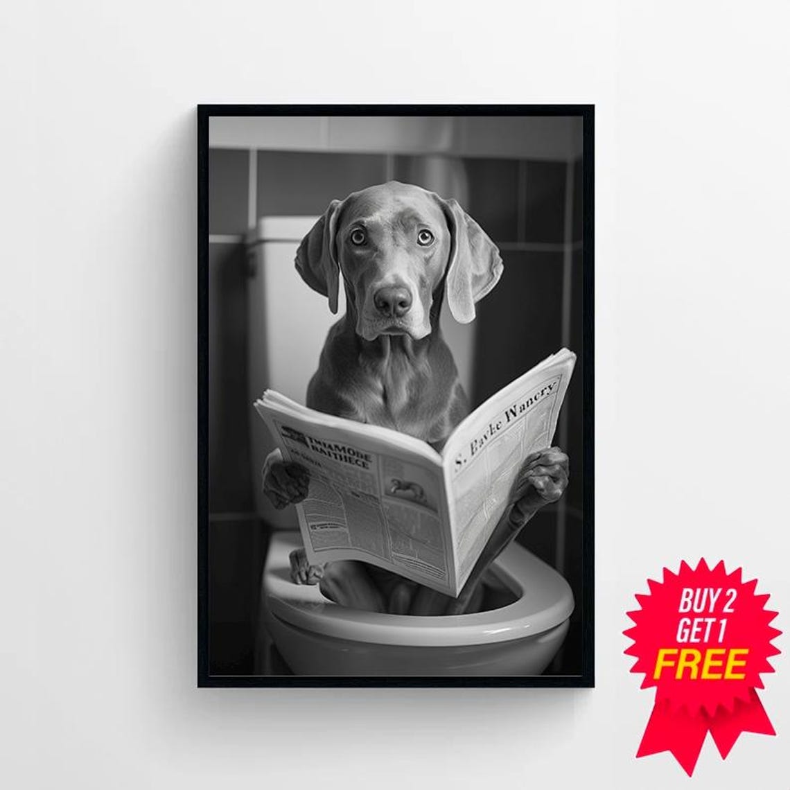 Grey Weimaraner Reading Newspaper on Toilet Funny Bathroom Poster - Image 4