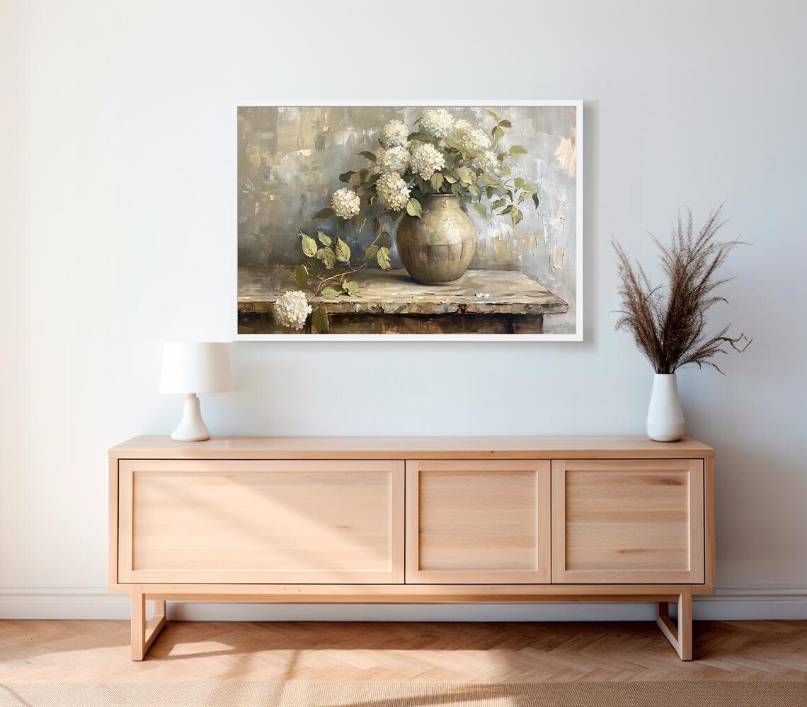 Hydrangeas in Vintage Vase, Muted Floral Art Print - Image 2