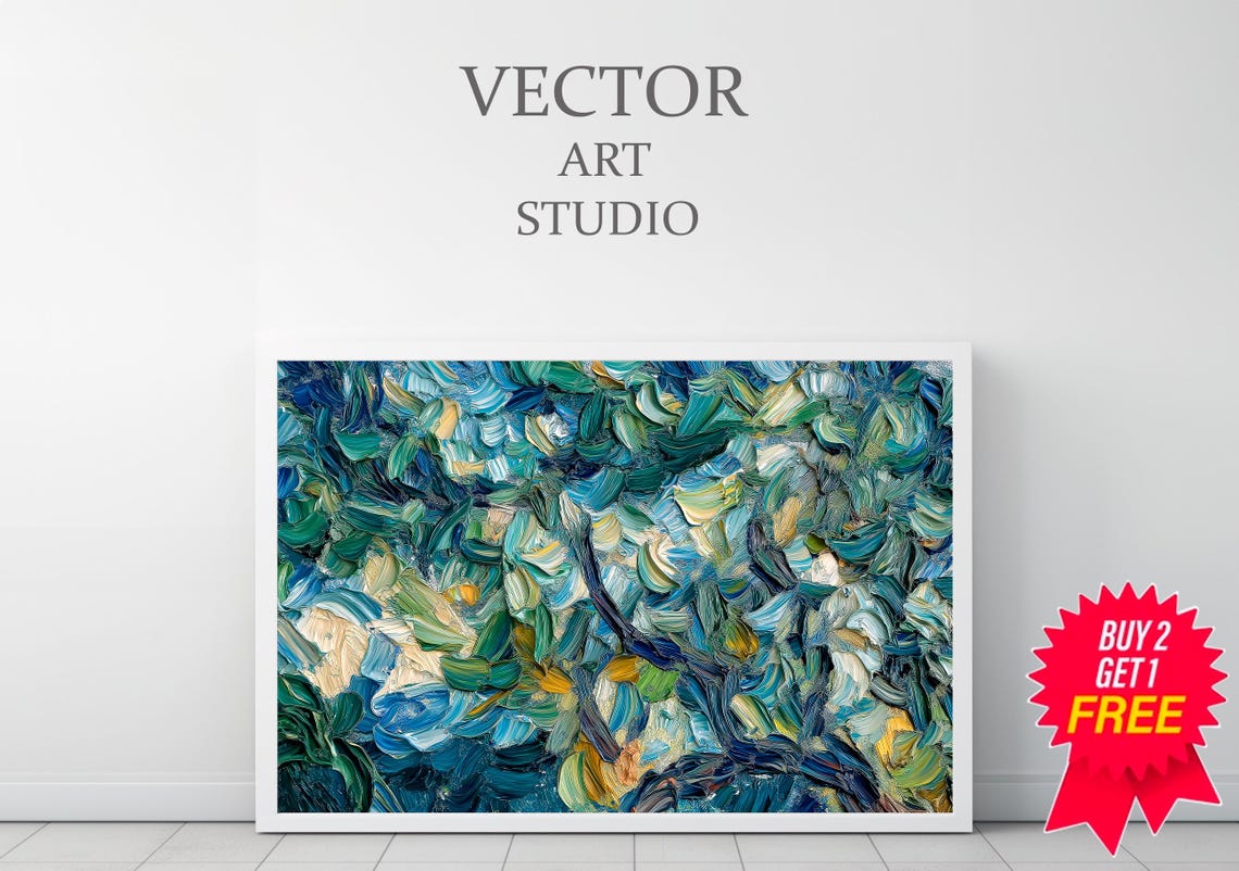 Thick Impasto Blue Green Foliage Abstract Painting Modern Art Poster - Image 3