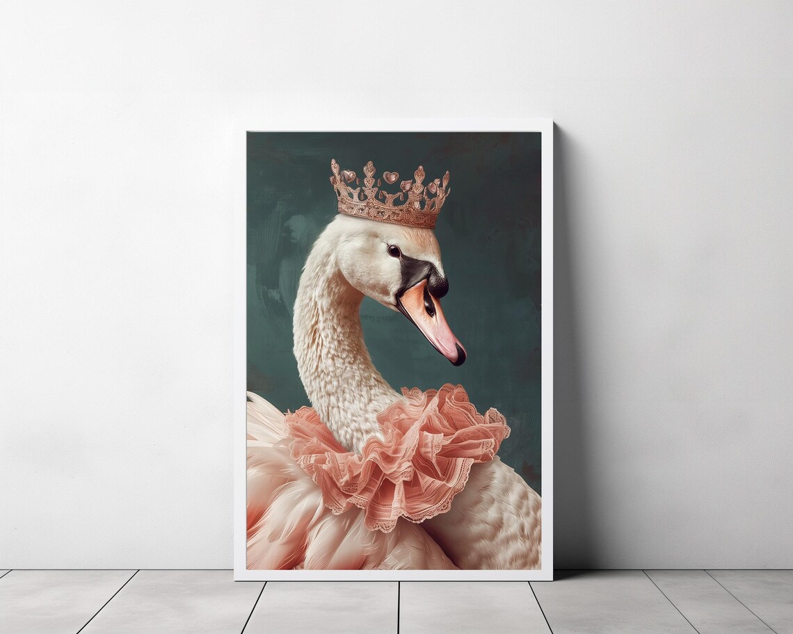 Elegant Crowned Swan with Pink Ruffle Collar Portrait Poster - Image 3
