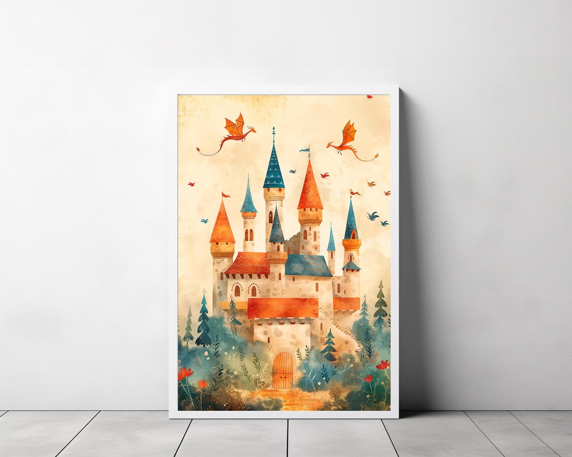 Watercolor Castle Red Dragons Forest Kids Fantasy Nursery Poster - Image 3