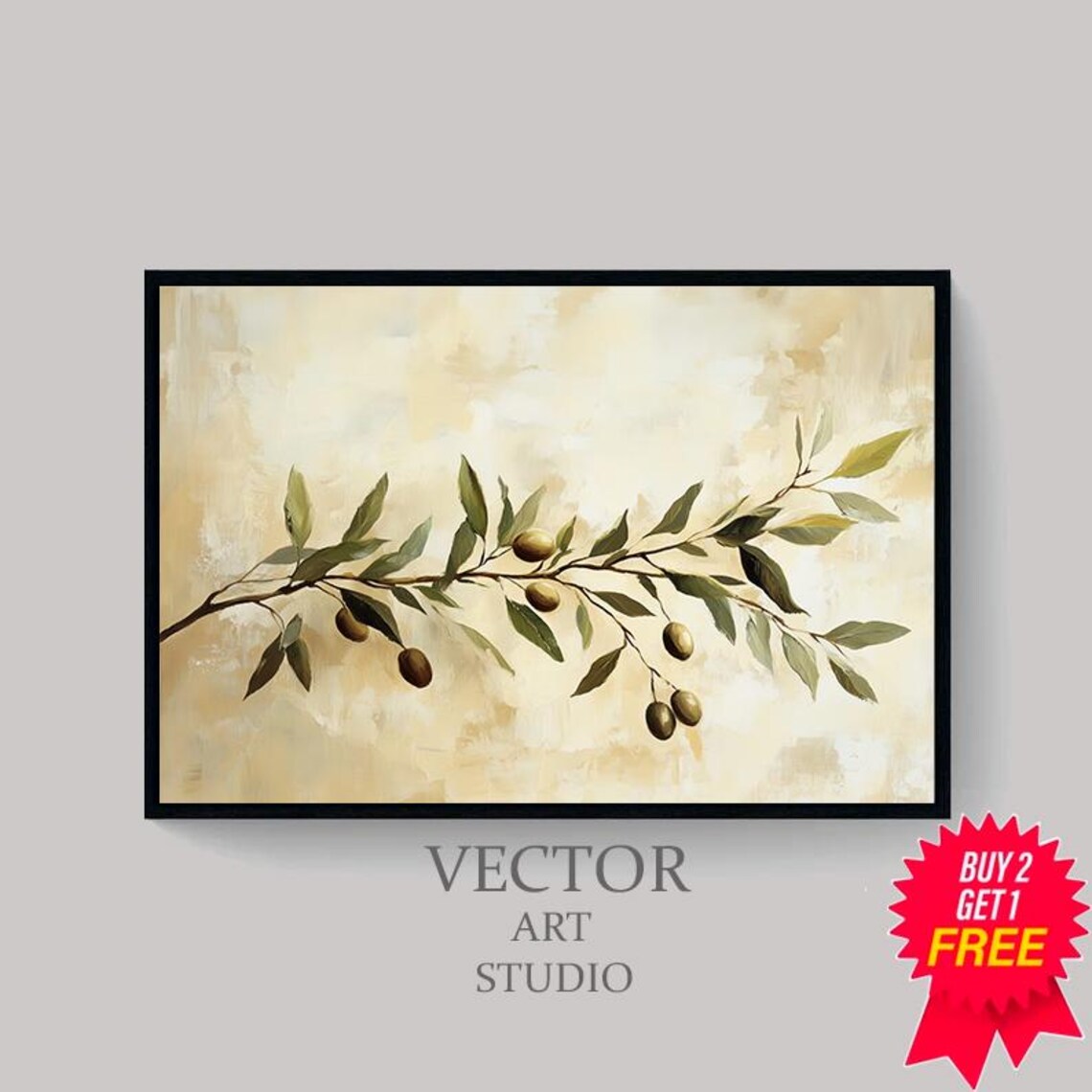 Olive Branch With Dark Olives On Warm Beige Plaster Wall Poster - Image 4