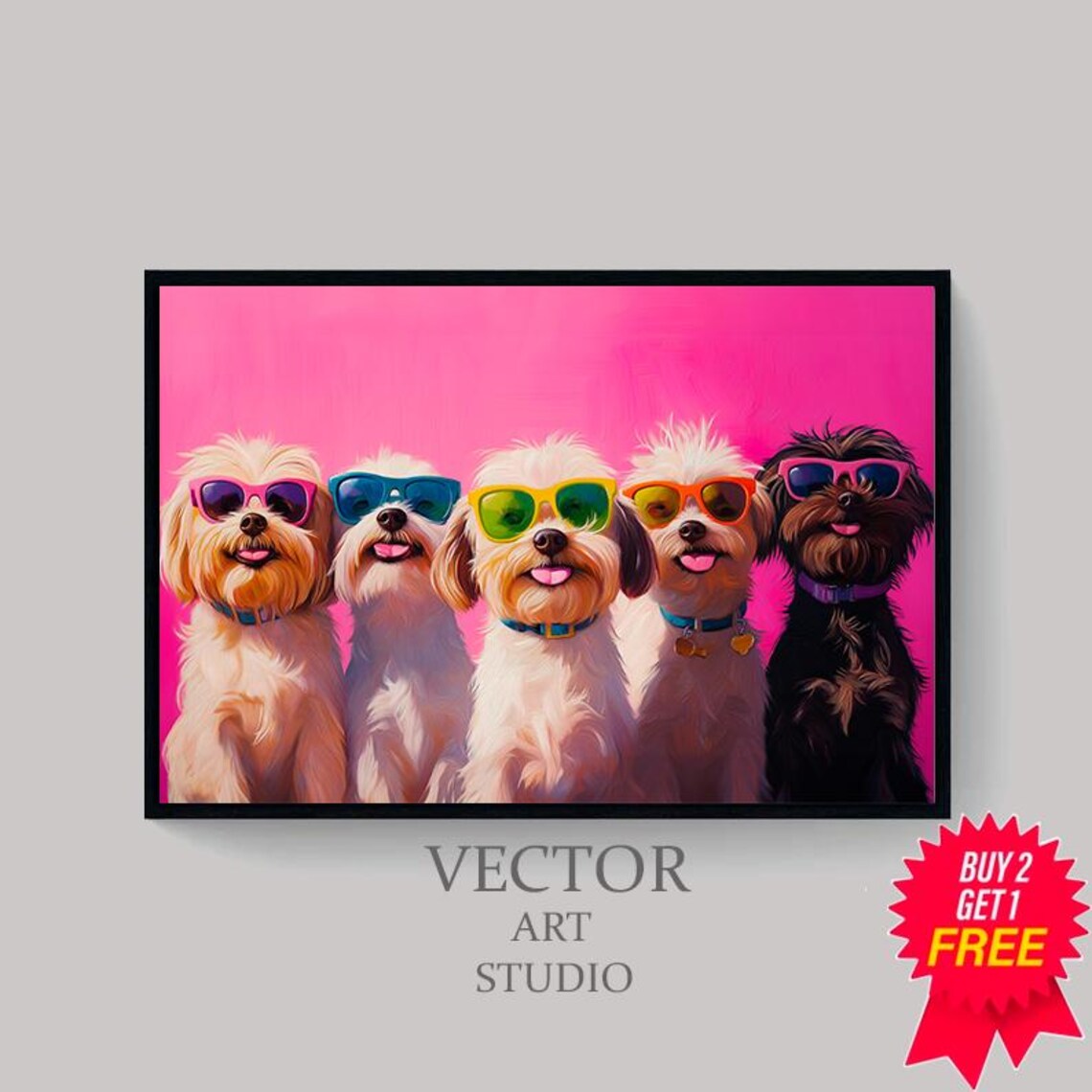 Five Fluffy Puppies in Colorful Sunglasses Pink Funny Pet Poster - Image 4