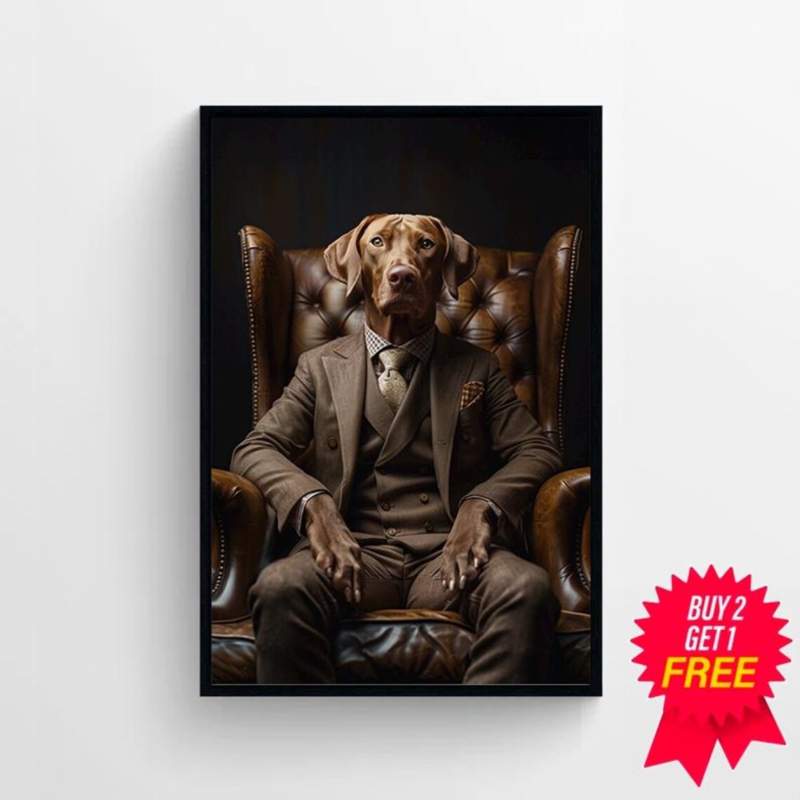 Vizsla Dog in Brown Suit Sitting in Leather Chair Portrait Art Print - Image 4