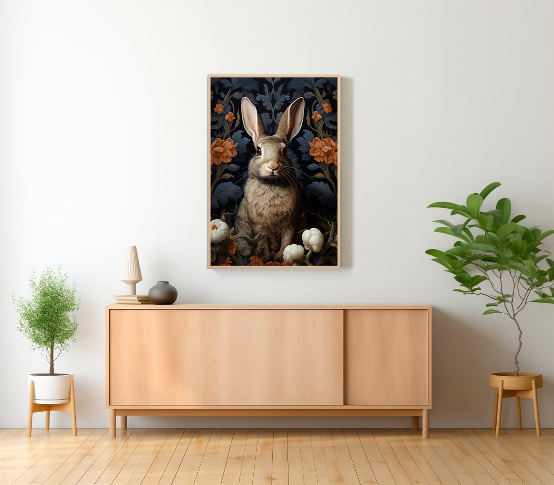 Rabbit Dark Floral Tapestry Orange Blooms Botanical Style Poster - Image 2