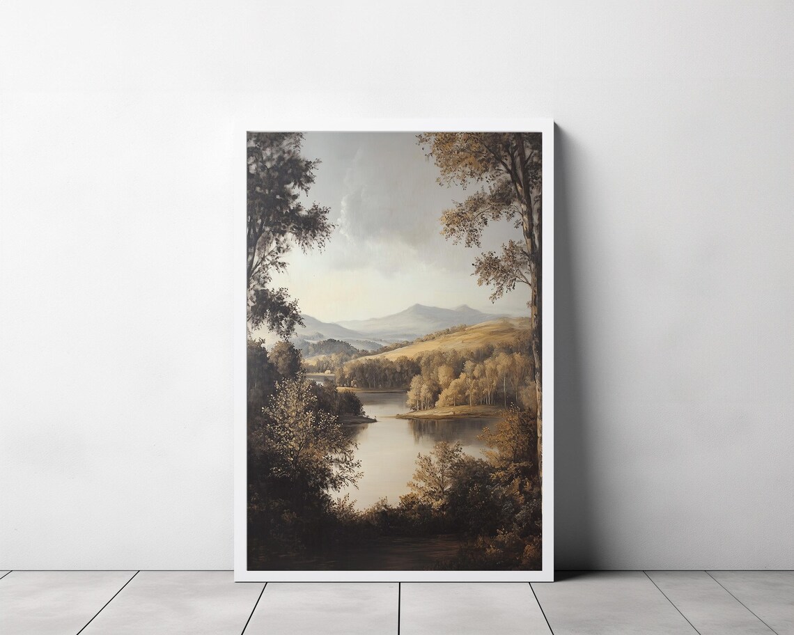 Autumn Lake Framed By Trees Misty Mountain Landscape Art Poster - Image 3