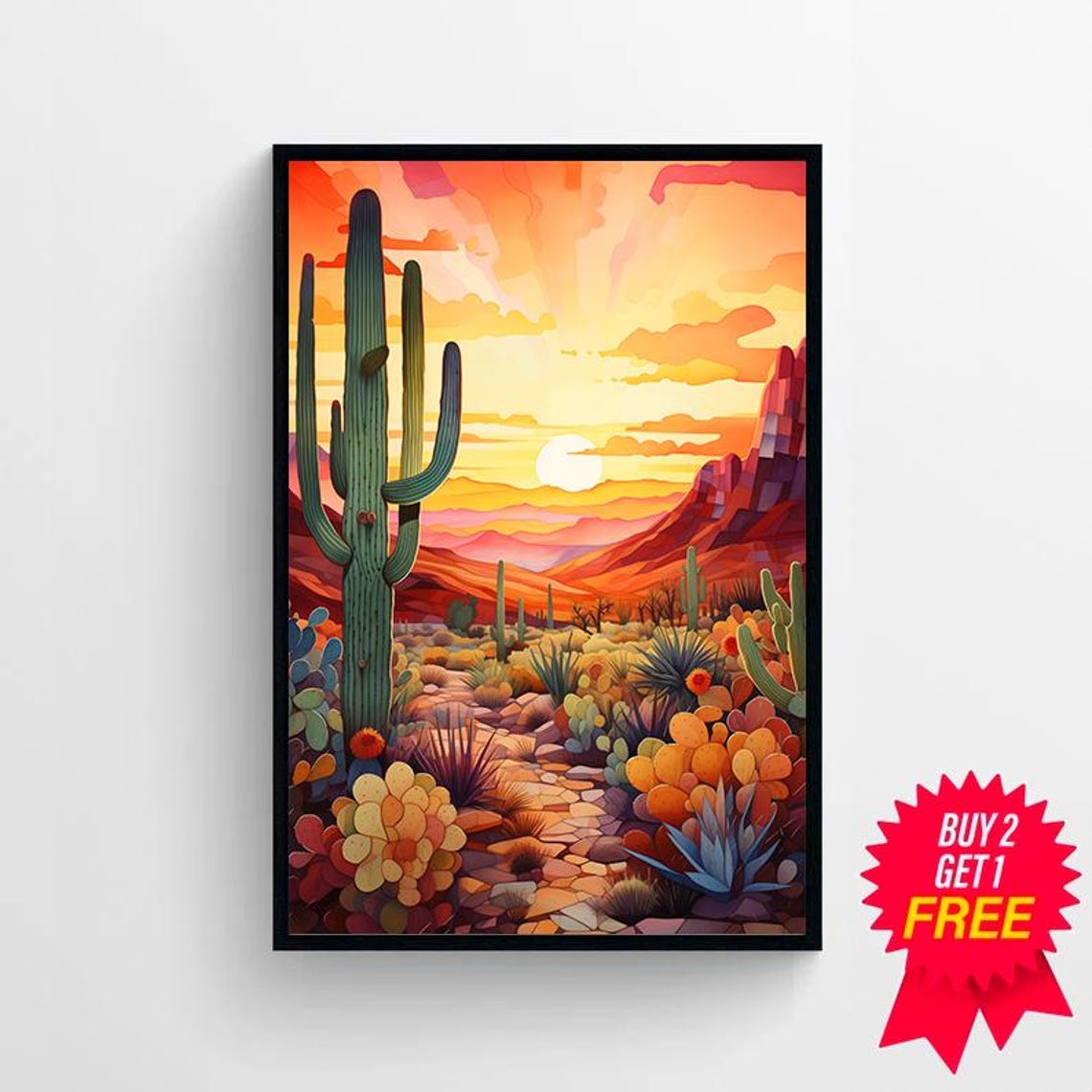 Desert Sunset Trail with Tall Saguaro and Agave Stylized Poster - Image 4