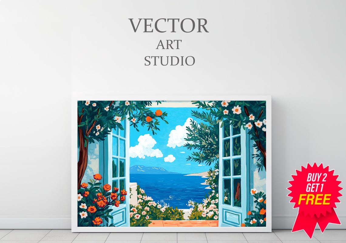 Open Windows to Azure Sea Citrus Garden Coastal View Art Print - Image 3