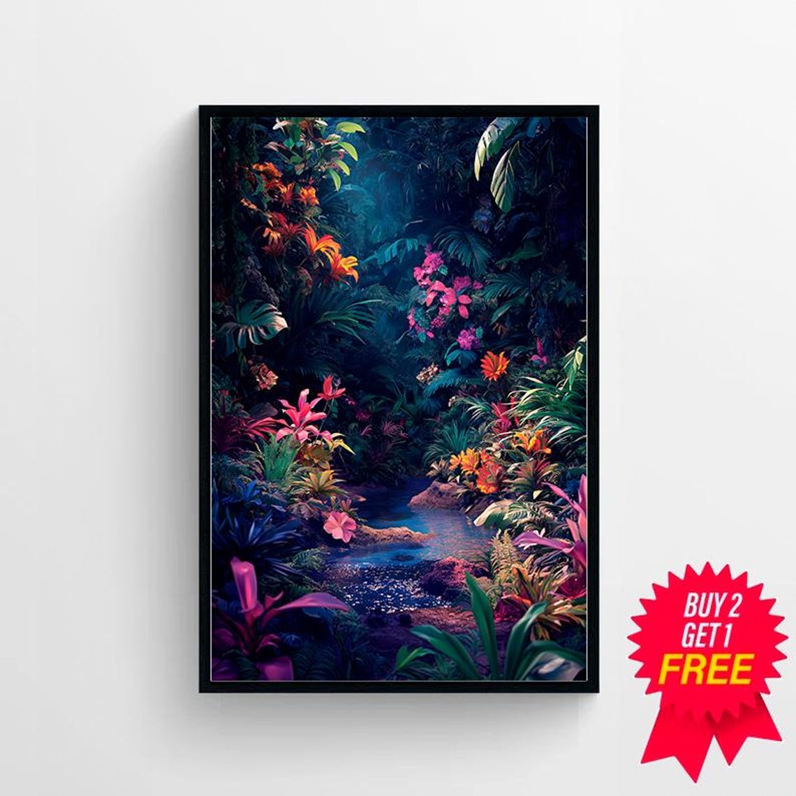 Dark Tropical Jungle Waterfall Stream with Exotic Flowers Poster - Image 4