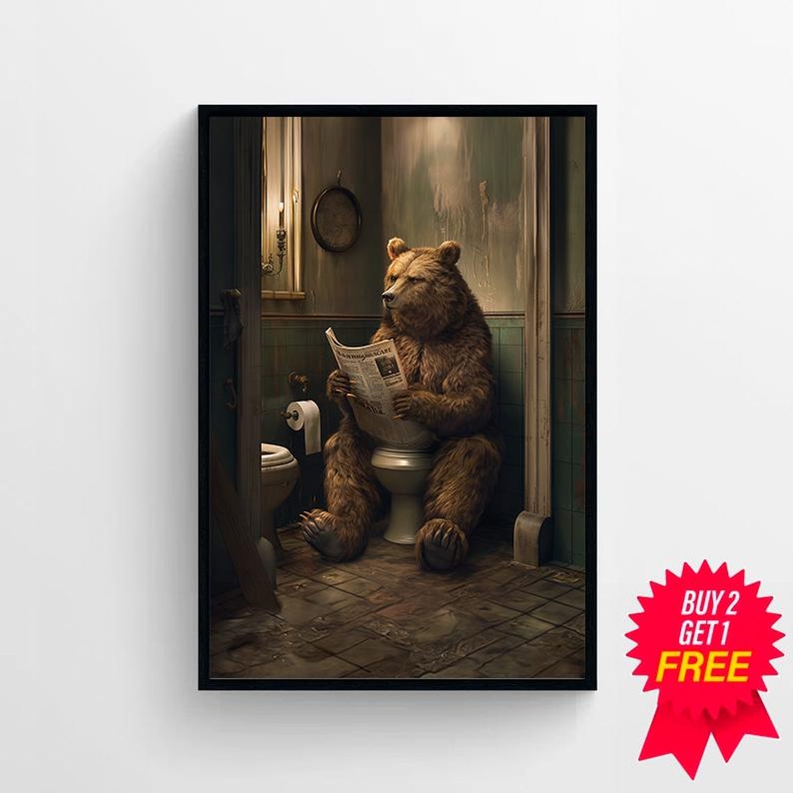 Brown Bear Reading Newspaper on Toilet Vintage Bathroom Poster - Image 4