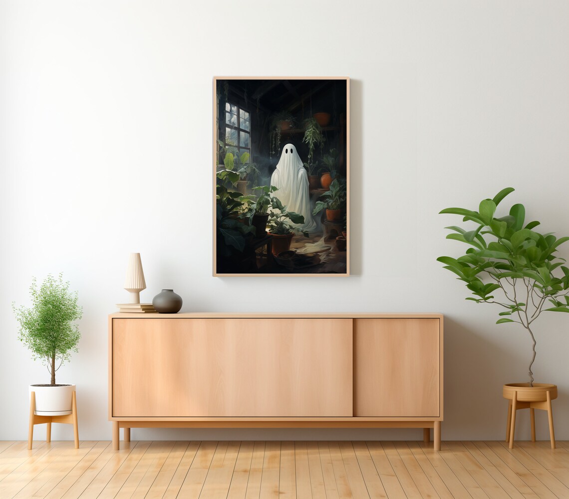 Plant Loving Ghost Standing in a Moody Greenhouse Conservatory Poster - Image 2