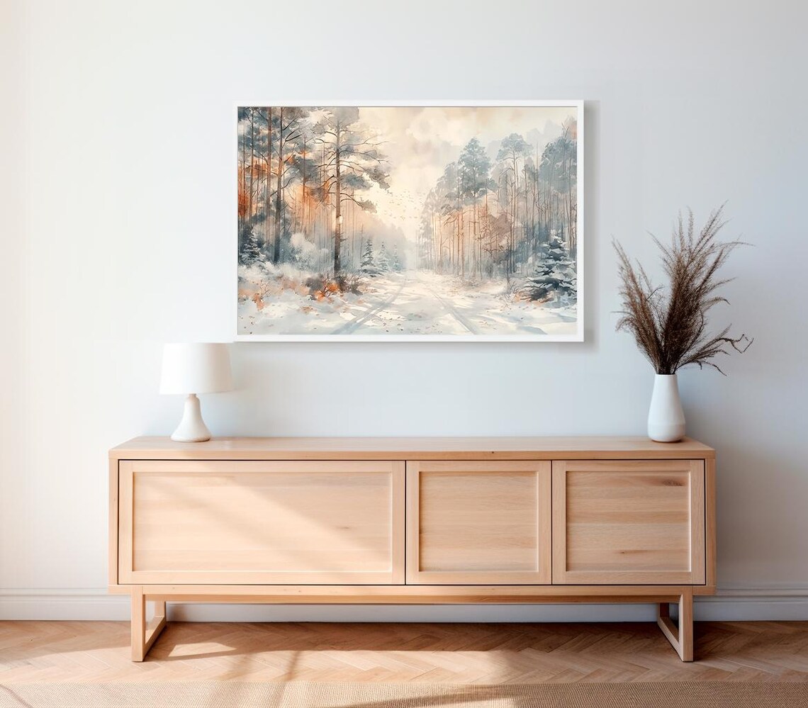 Snow Covered Forest Road with Tall Pines in a Winter Watercolor Poster - Image 2