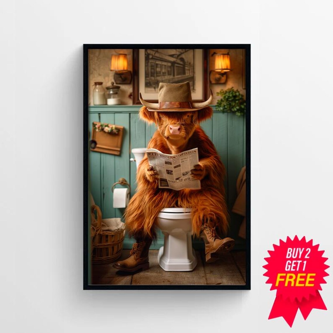 Shaggy Highland Cow in Cowboy Hat Reading Paper on Toilet Poster - Image 4
