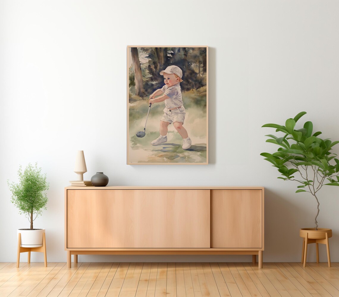 Toddler Swinging a Golf Club in a Watercolor Nursery Scene Poster - Image 2