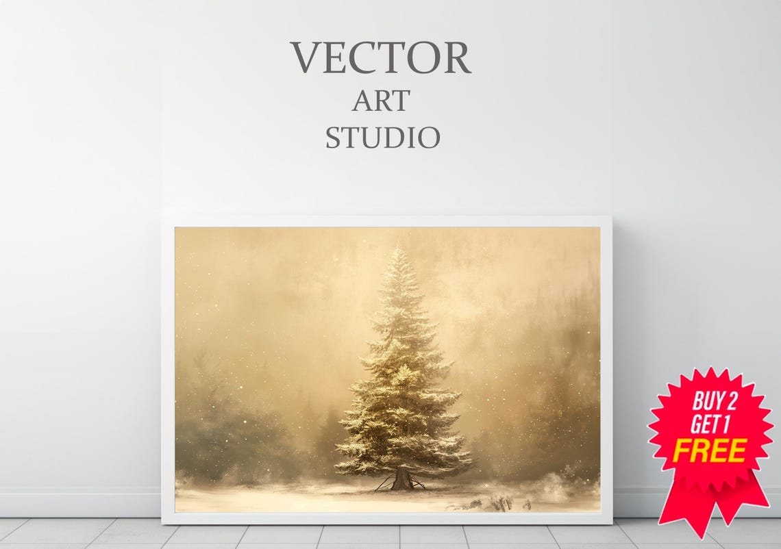 Lone Snow Covered Evergreen Tree Golden Mist Winter Scene Poster - Image 3
