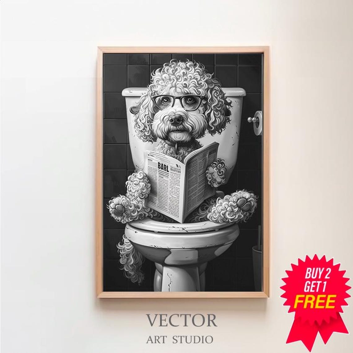 Funny Cockapoo with Glasses Reading a Book on the Toilet Poster