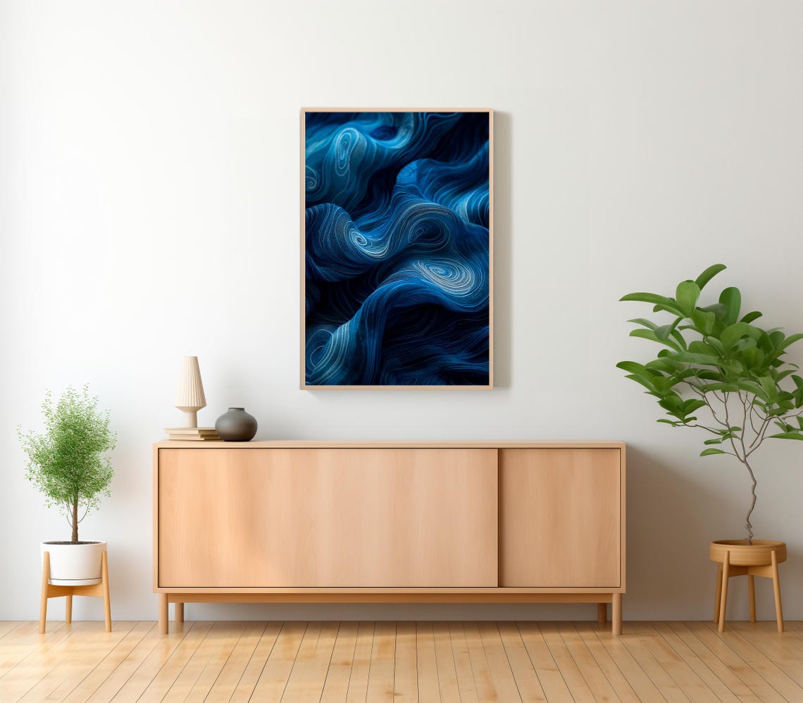 Indigo Blue Denim Texture Abstract Swirl Patterns Art Poster - Image 2