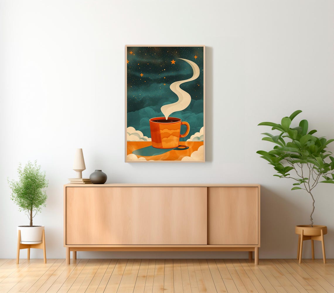 Cosmic Coffee Cup Under A Starry Night Sky Retro Kitchen Art Poster - Image 2