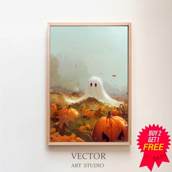 Ghost Floating In Sunlit Pumpkin Field With Grumpy Jack-O-Lantern Poster