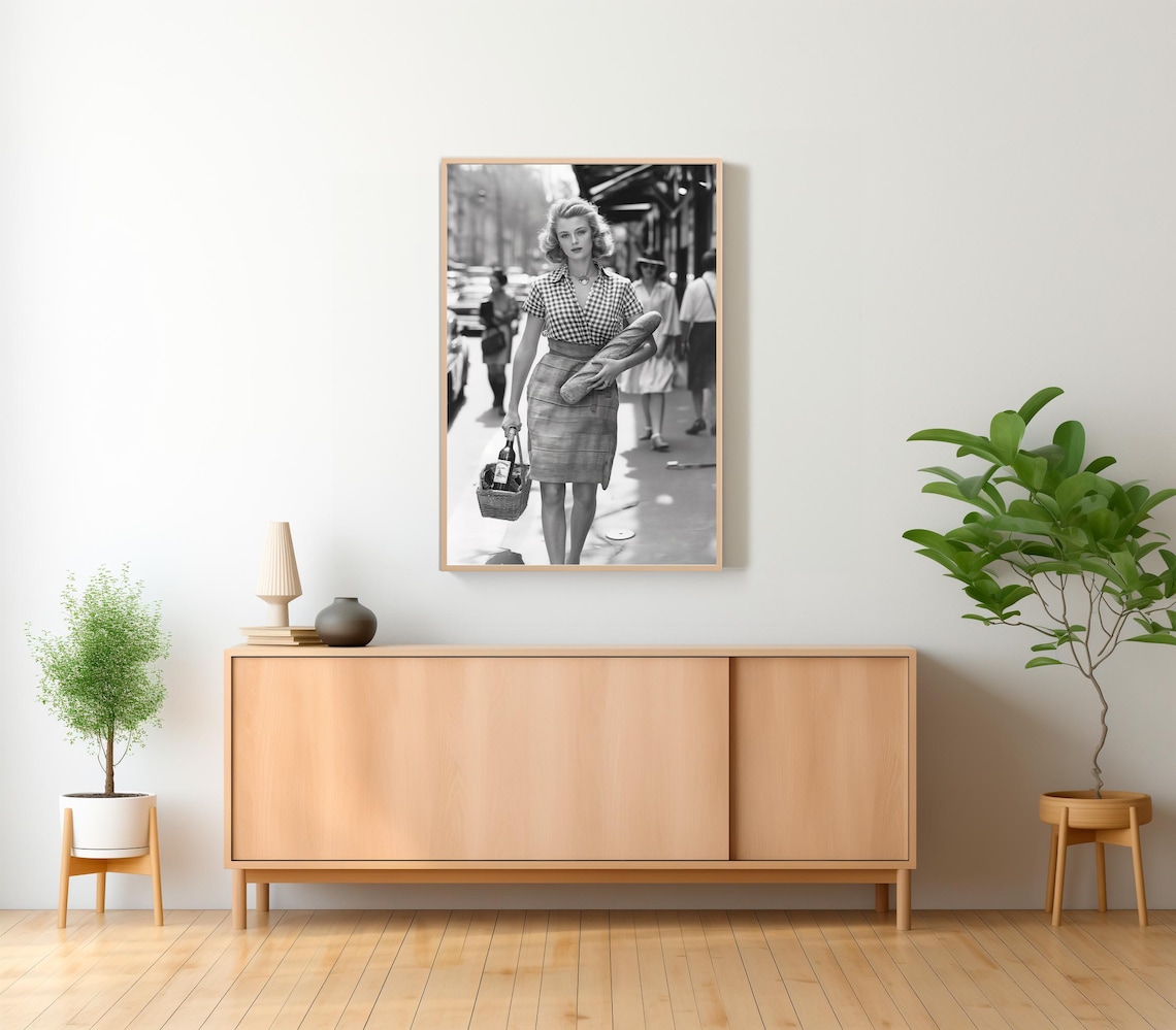 Parisian Woman with Baguette and Wine Vintage Street Photo Art Print - Image 2