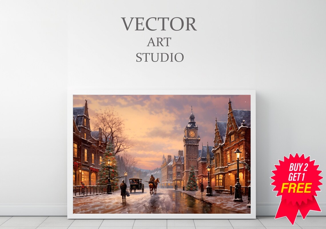 Victorian Christmas Street in Snow at Sunset Clock Tower Poster - Image 3