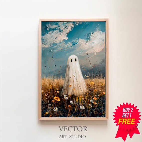 Cute Ghost in Wildflower Field Under Bright Blue Sky Halloween Poster