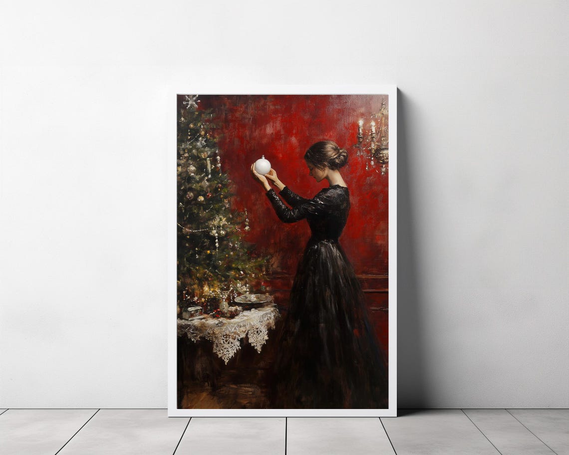 Victorian Woman Holding White Ornament By Christmas Tree Poster - Image 3
