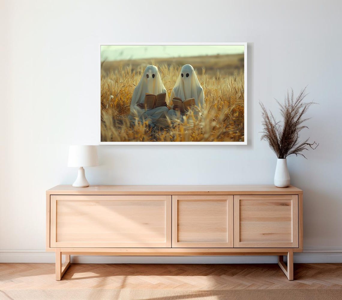 Two Cute Ghosts Reading Books At Golden Hour Wheat Field Art Poster - Image 2