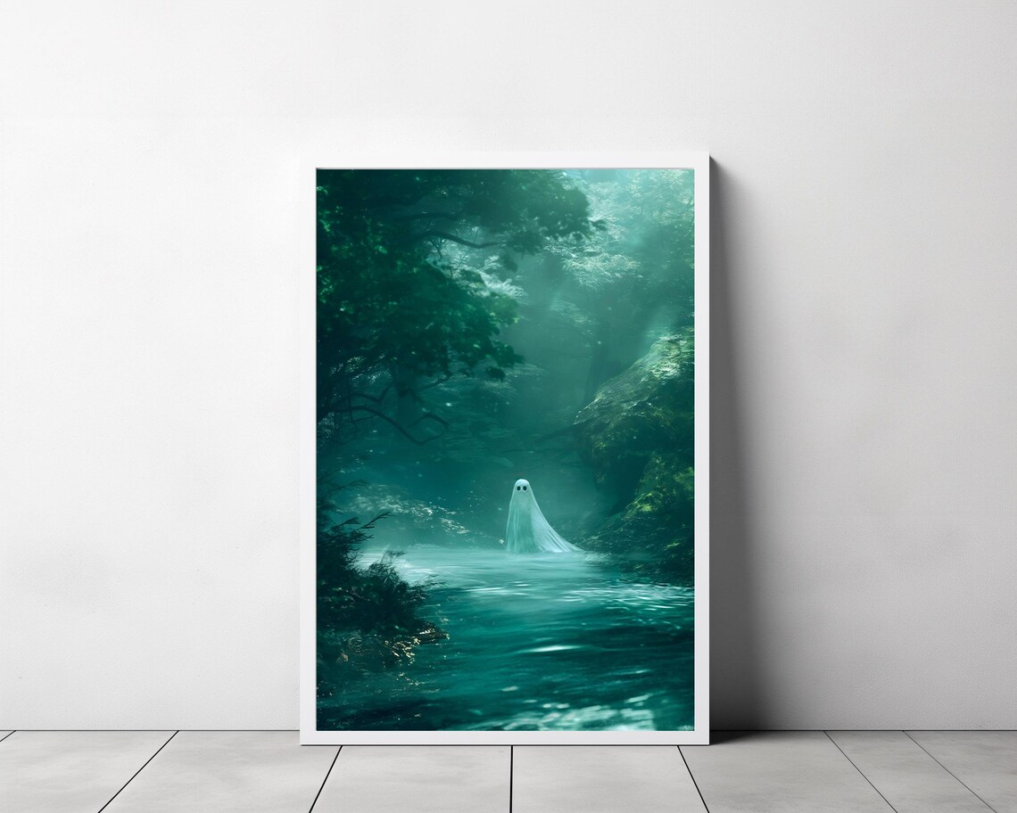 Lone Ghost Floating Over Glowing Teal Lake In Dark Forest Halloween Poster - Image 3