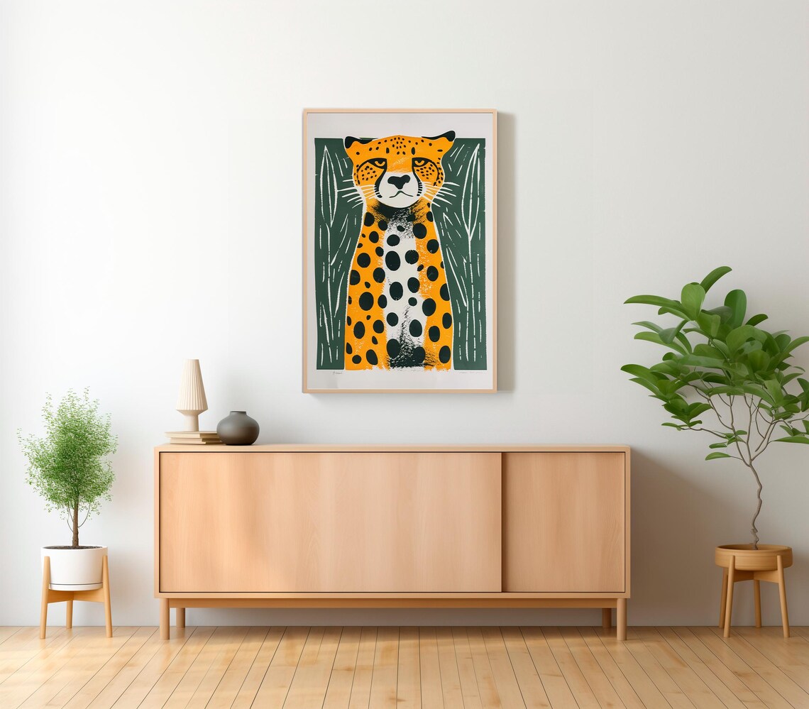 Bold Linocut Cheetah Portrait on a Deep Green Safari Art Poster - Image 2