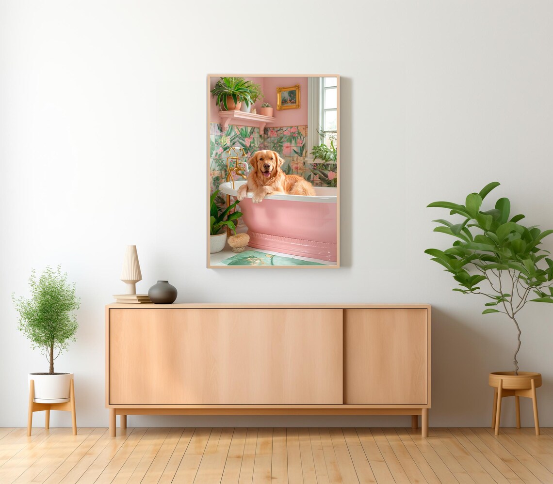 Cheerful Golden Retriever in a Pink Bathtub Tropical Bathroom Poster - Image 2