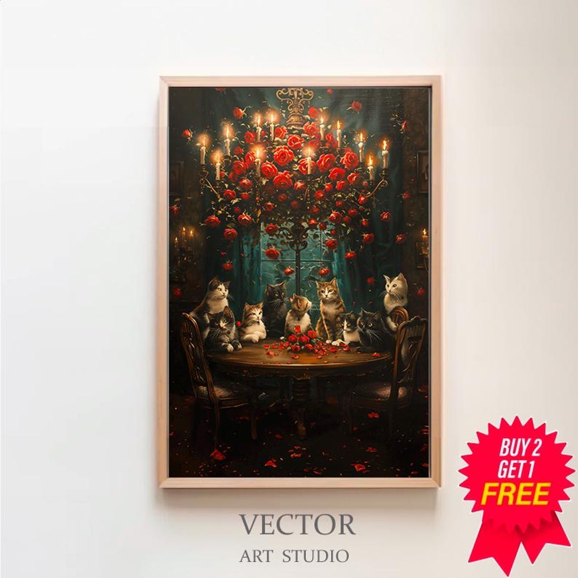 Cats Feasting at a Round Wooden Table Under Candlelight Poster