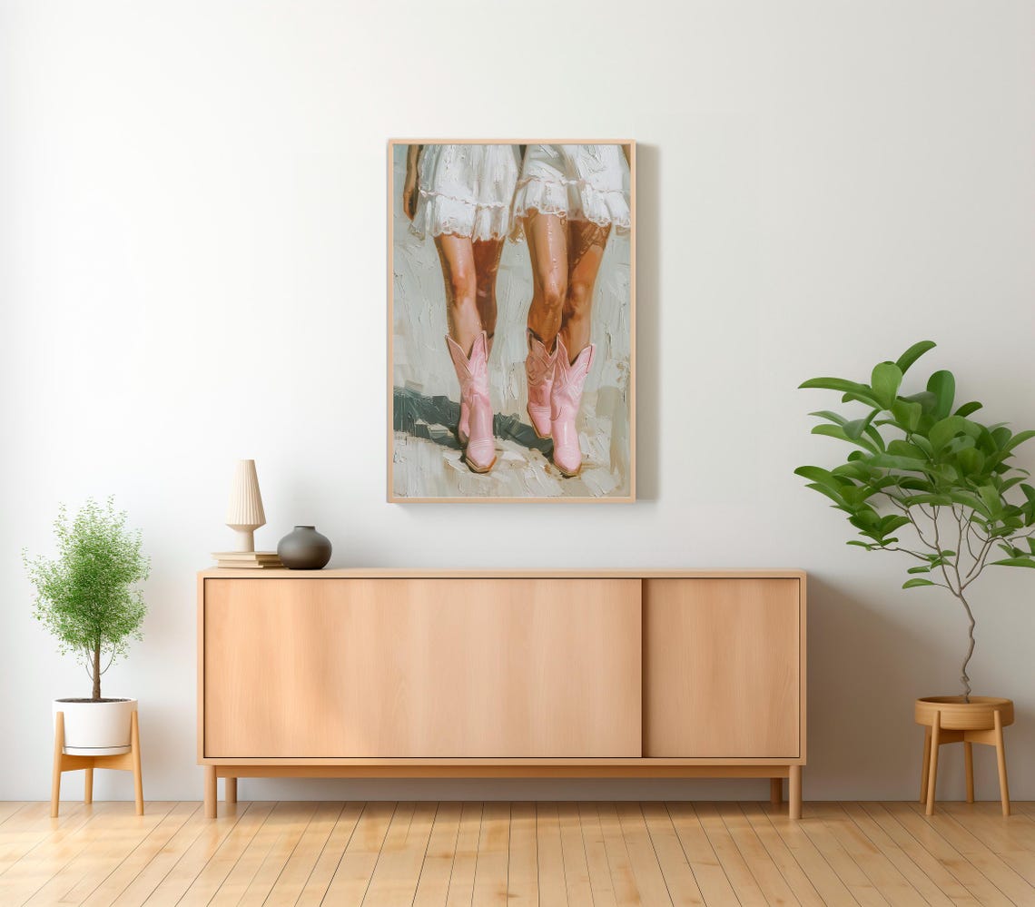 Pink Cowboy Boots Walking in Flowing White Dresses Painting Poster - Image 2