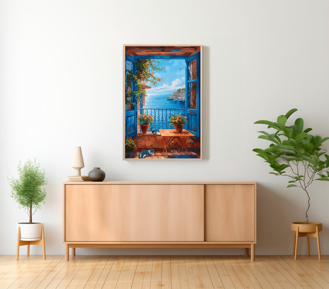 Sunny Blue Door Balcony Overlooking Sparkling Greek Sea Cat Art Poster - Image 2